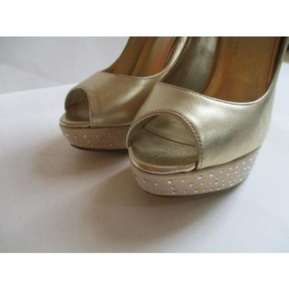 Mariah Carey Gold Champagne Rhinestone Peep Toe Stiletto Pumps - Size 6 - Picture 4 of 8